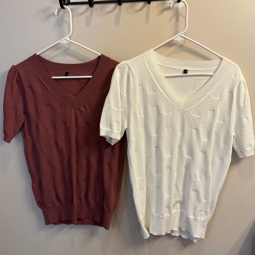 Women's V-Neck Knit Tops - White and Deep Mauve